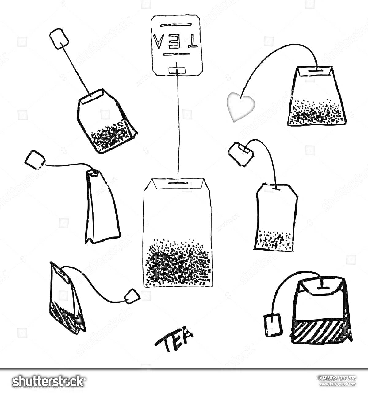 Раскраска Несколько вариаций чайных пакетиков с метками, включая один пакетик с сердечком и надпись 