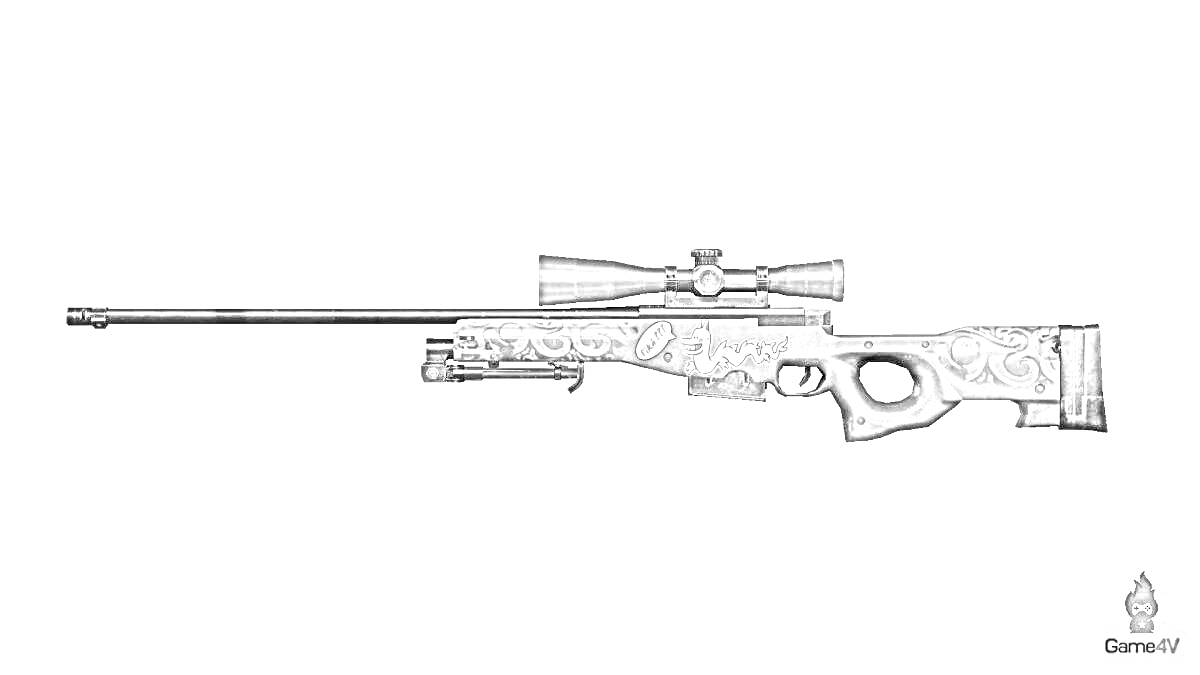 Раскраска Снайперская винтовка AWP с камуфляжным рисунком и установленным оптическим прицелом