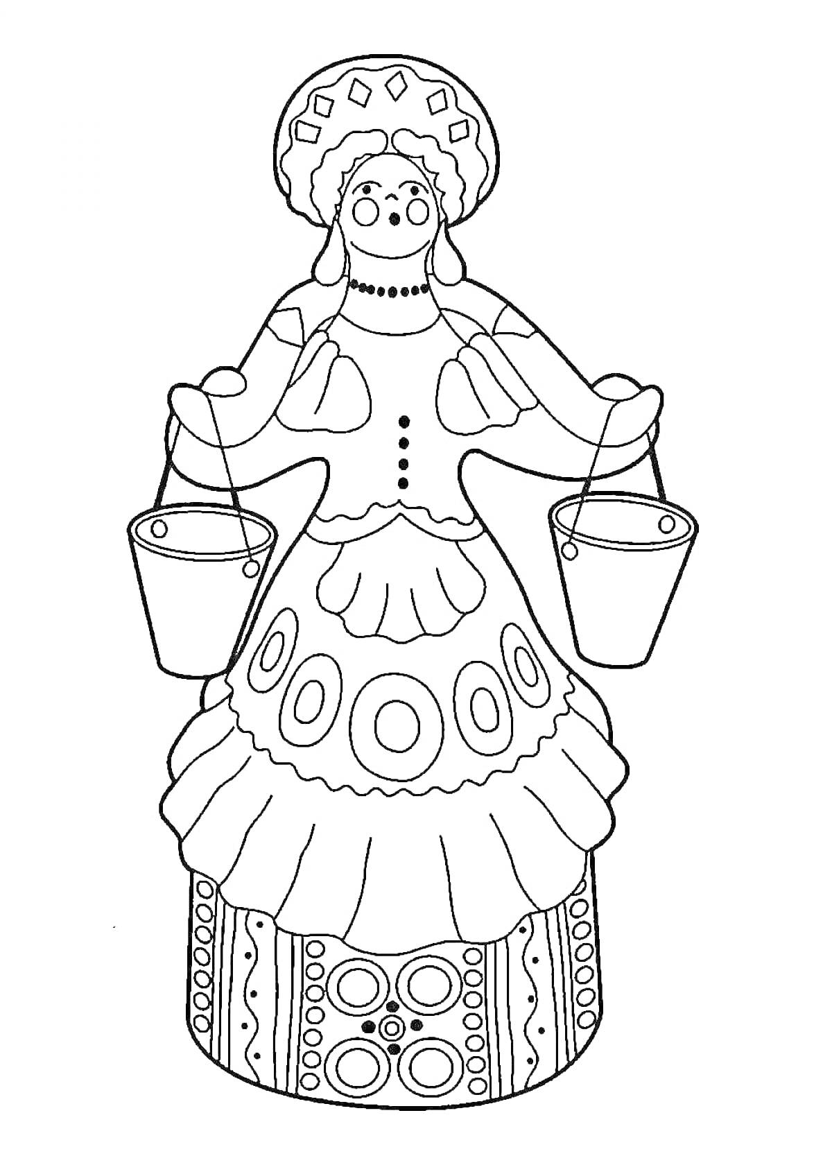 Раскраска Женщина-носильщица с вёдрами, дымковская игрушка