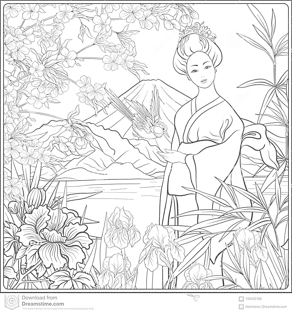 На раскраске изображено: Японский пейзаж, Гора Фудзи, Журавль, Цветущие деревья, Природа, Цветы
