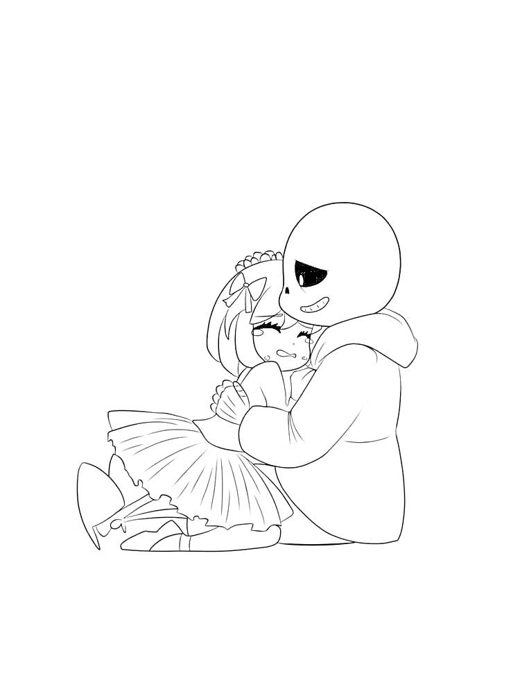 Раскраска Санс обнимает грустную Фриск, сидя на полу
