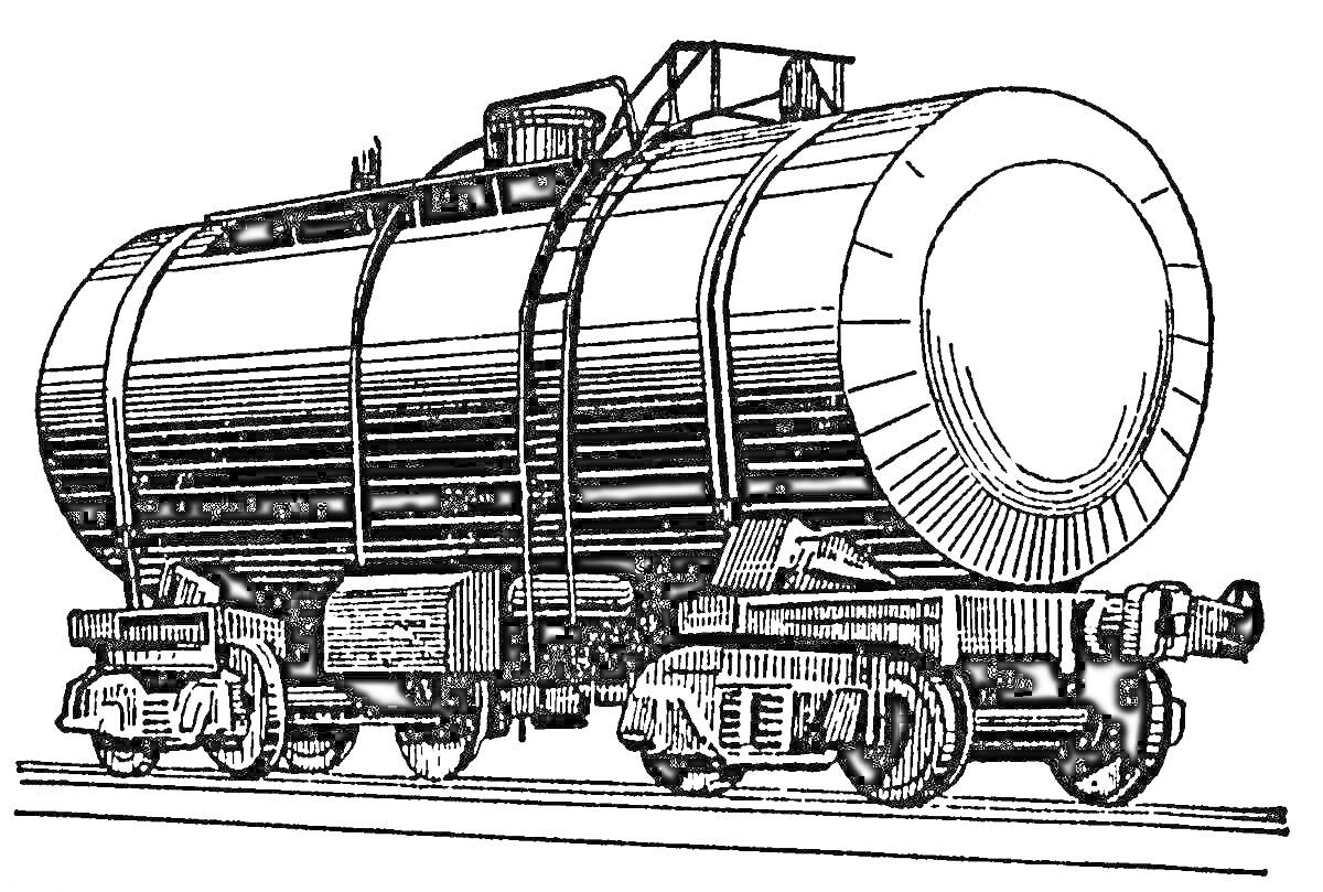 На раскраске изображено: Цистерна, Железная дорога, Транспорт, Грузоперевозки, Лестница