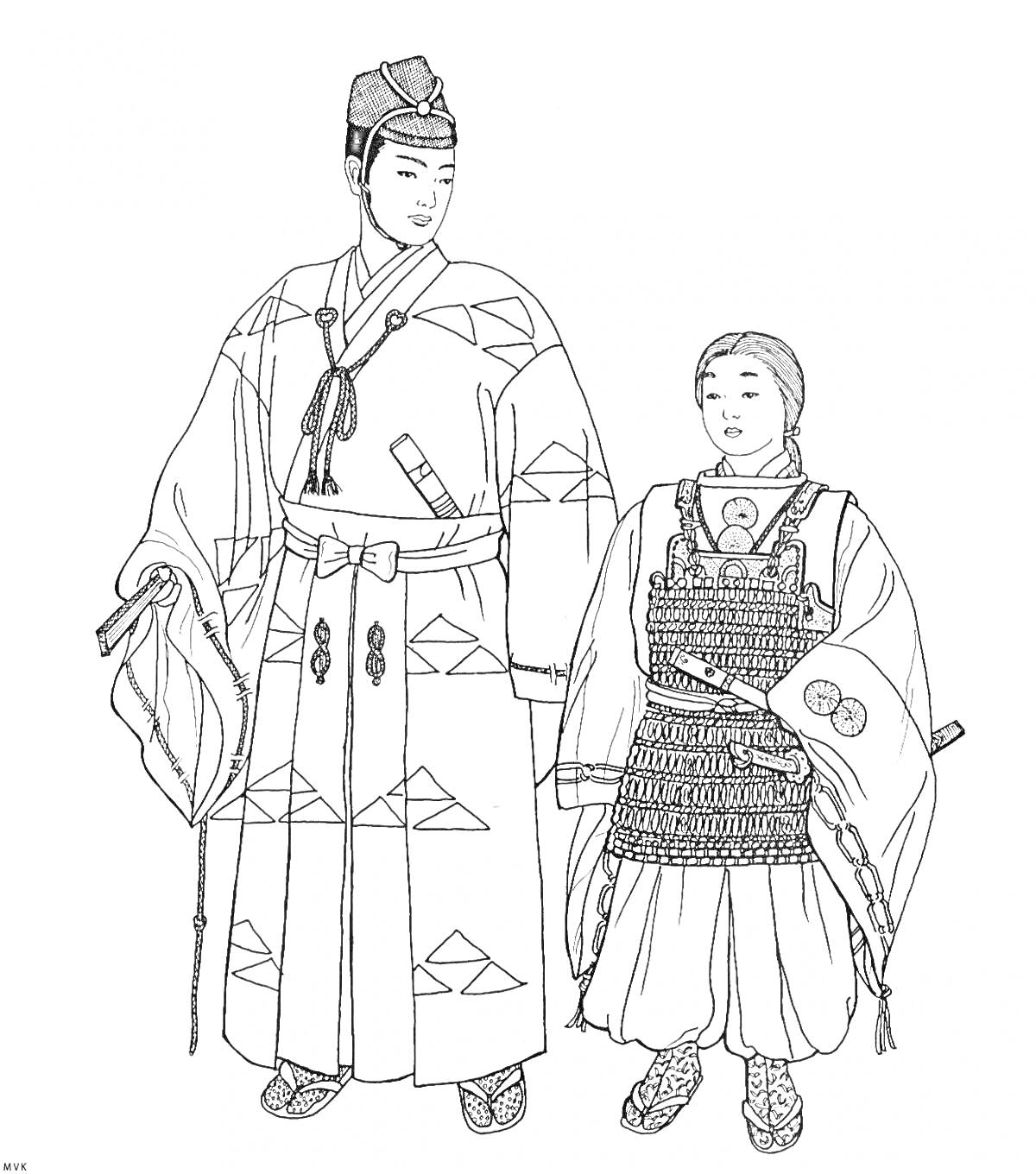 На раскраске изображено: Японская одежда, Кимоно, Историческая одежда, Японский стиль, Шляпа, Боевые доспехи