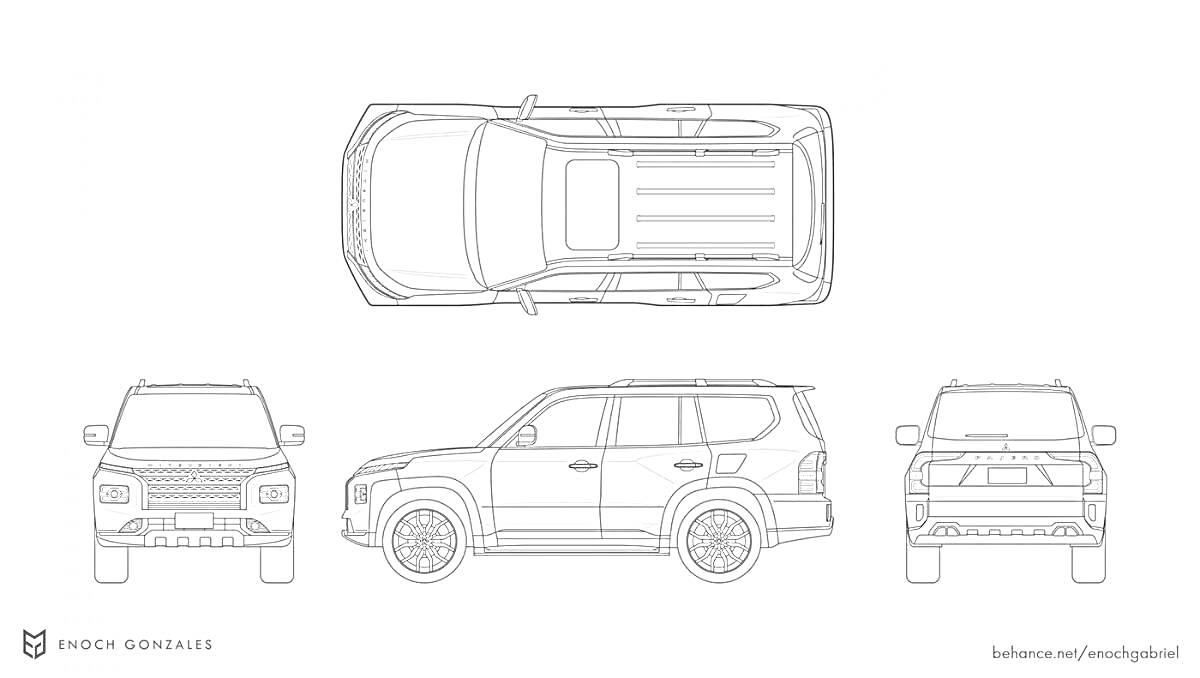 Чертежи Mitsubishi Pajero с видом спереди, сбоку, сзади и сверху