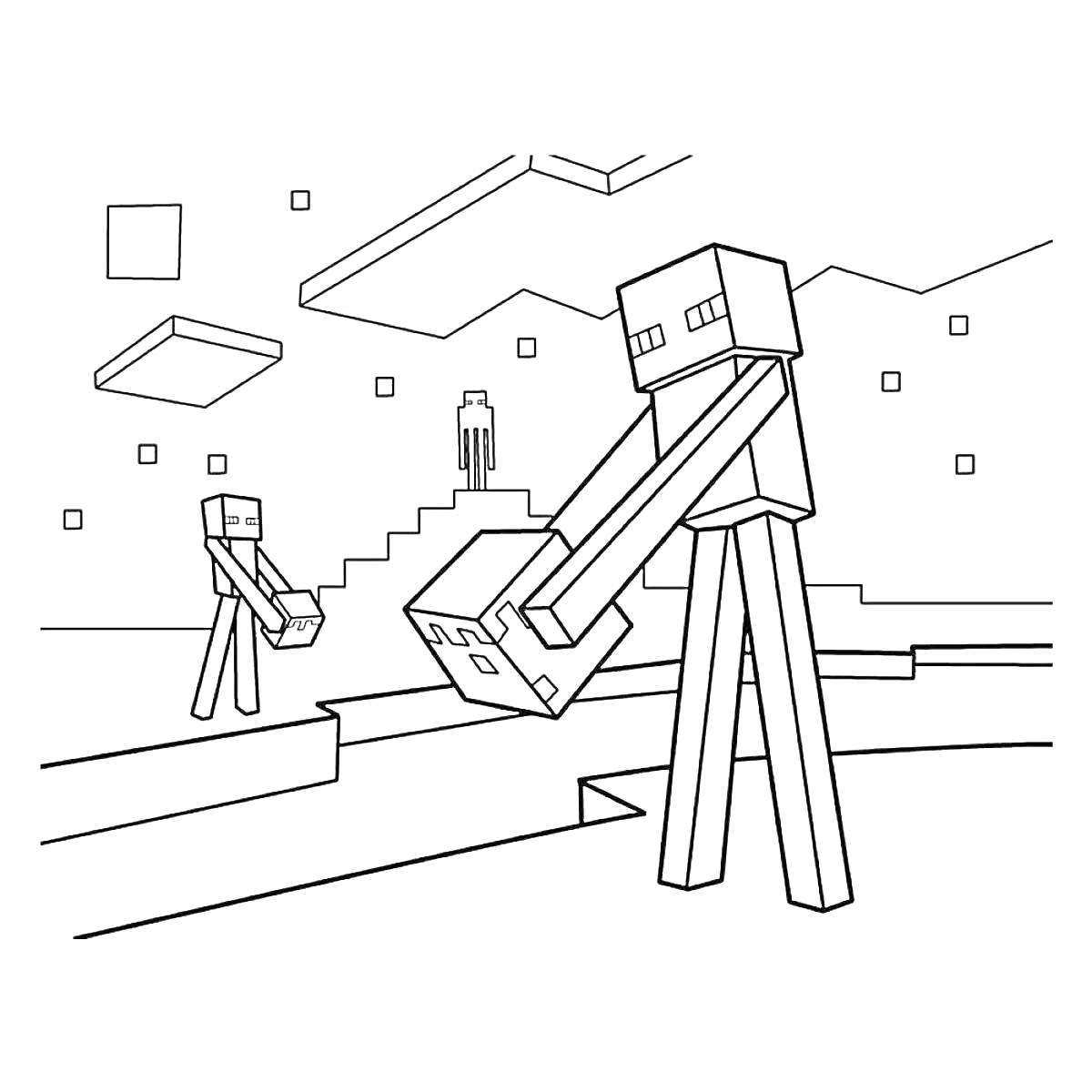 Раскраска Эндермены в пустоте с блоками, ступенями и плавающими объектами на заднем плане