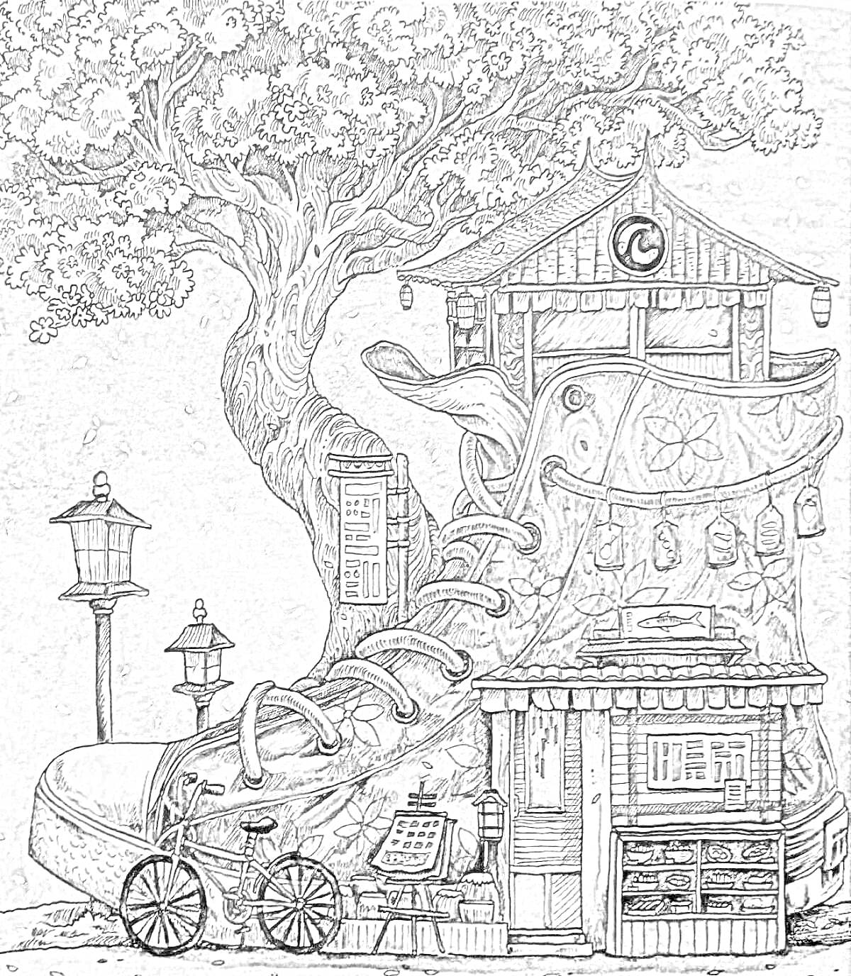 На раскраске изображено: Дом, Фонари, Окна, Вывеска, Уютный, Хрупкий мир, Причудливый, Деталь