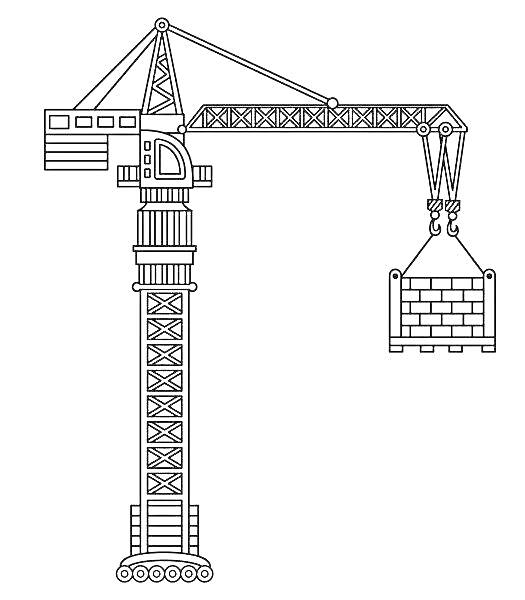 На раскраске изображено: Строительный кран, Подъемный кран, Грузы, Строительство, Техника, Кирпичи