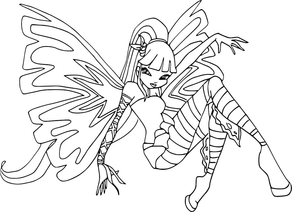 Раскраска Фея Винкс в полосатых леггинсах и крыльях, сидящая на корточках