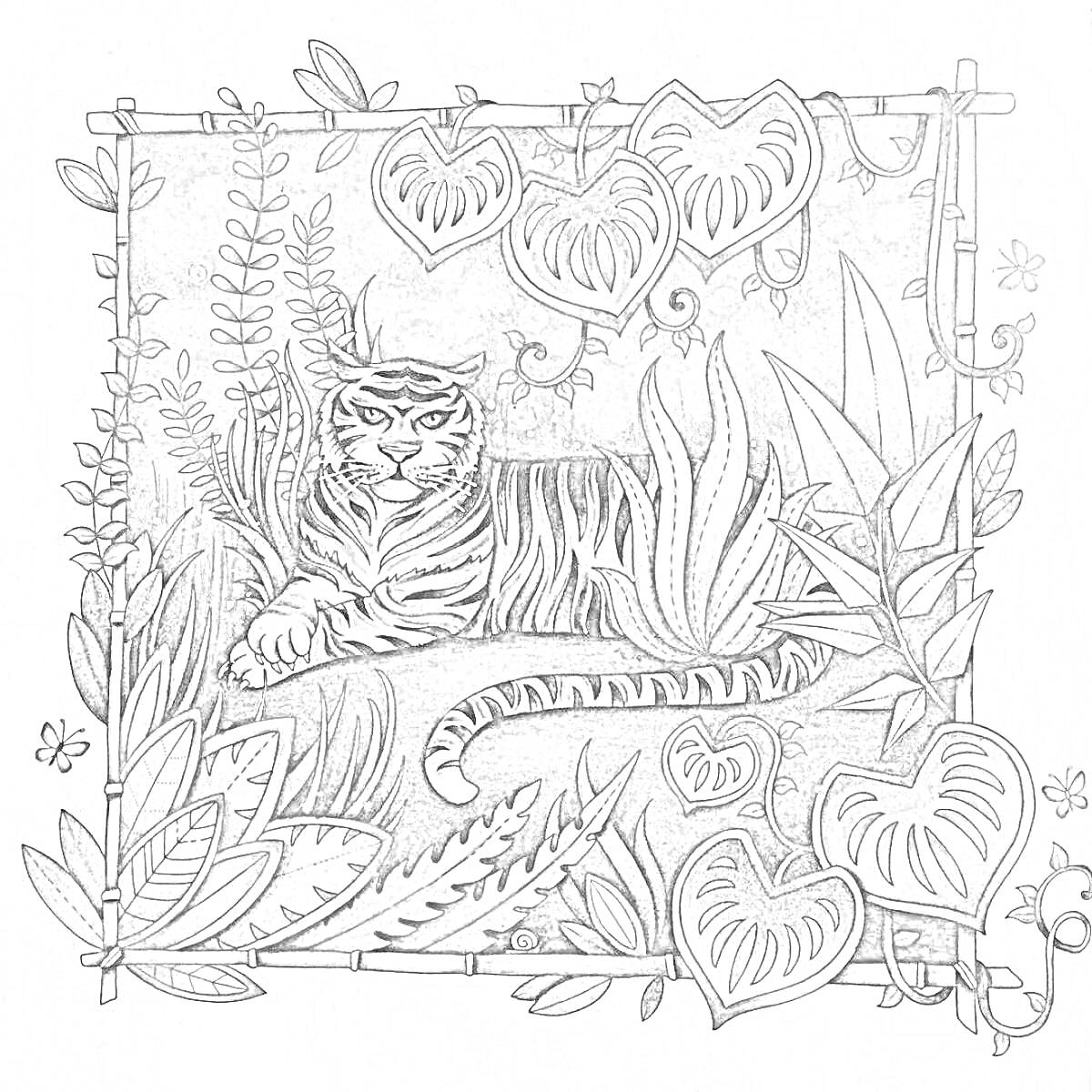 На раскраске изображено: Тигр, Джунгли, Зелень, Цветы, Природа, Тропики, Растения, Цветочные узоры, Кусты