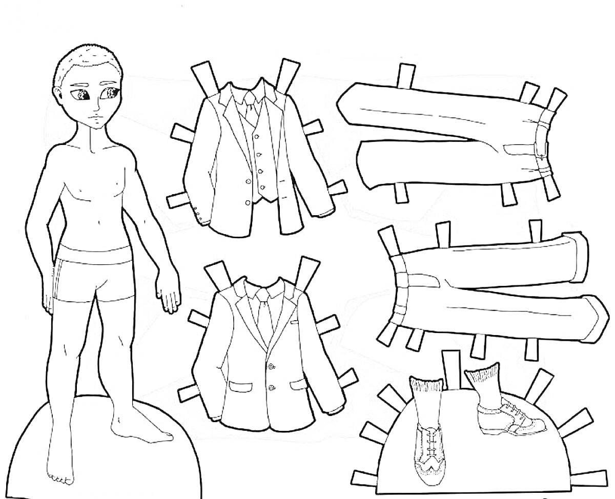 На раскраске изображено: Бумажная кукла, Одежда, Куртка, Штаны, Туфли, Кроссовки