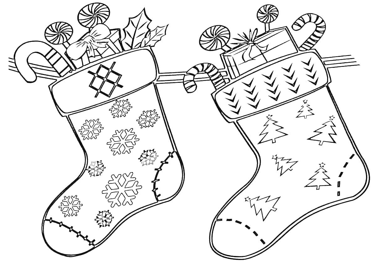На раскраске изображено: Валенки, Узоры, Снежинки, Конфеты, Подарки
