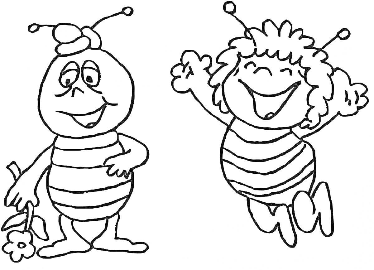 На раскраске изображено: Пчелка Майя, Пчелы, Для детей, Дружба, Радость, Улыбка