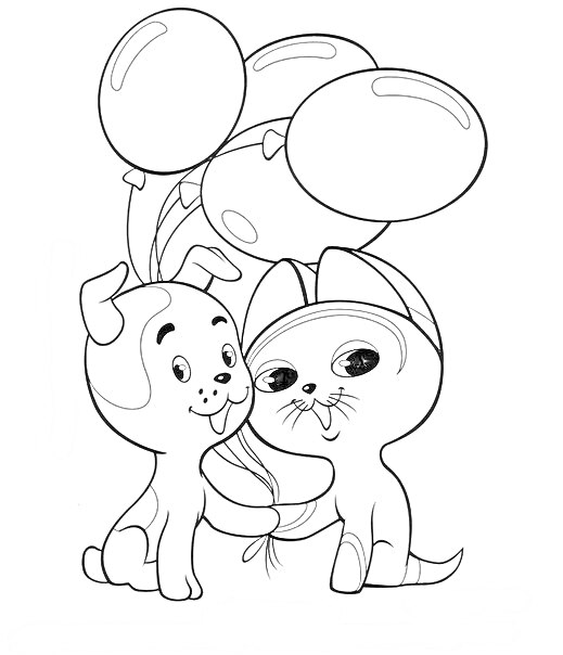 Раскраска Котенок по имени Гав держит воздушные шарики вместе с другом щенком