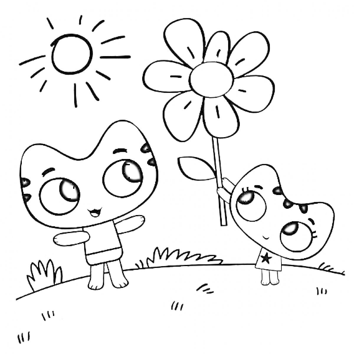 Раскраска Котики с цветком на лугу под солнцем