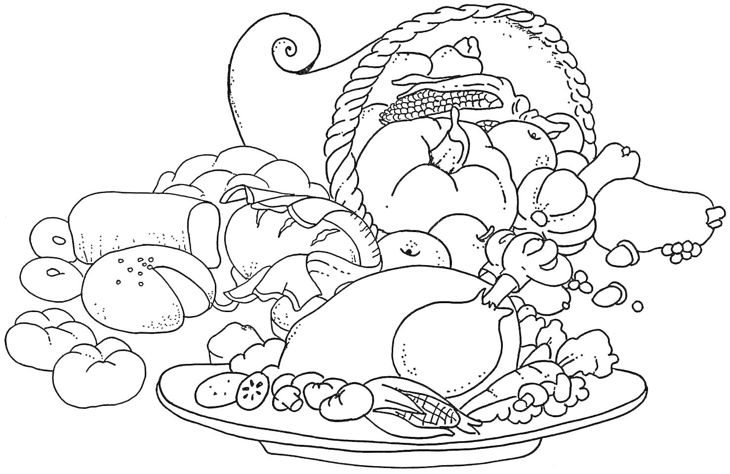 Раскраска Корзина с хлебом, яблоками и овощами, и индейка с гарниром на тарелке