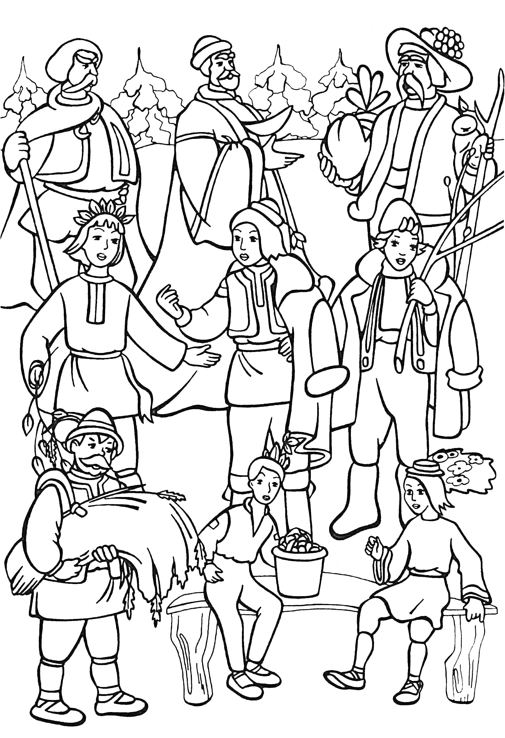 Раскраска Группа людей в новогодних костюмах с подарками среди зимнего леса