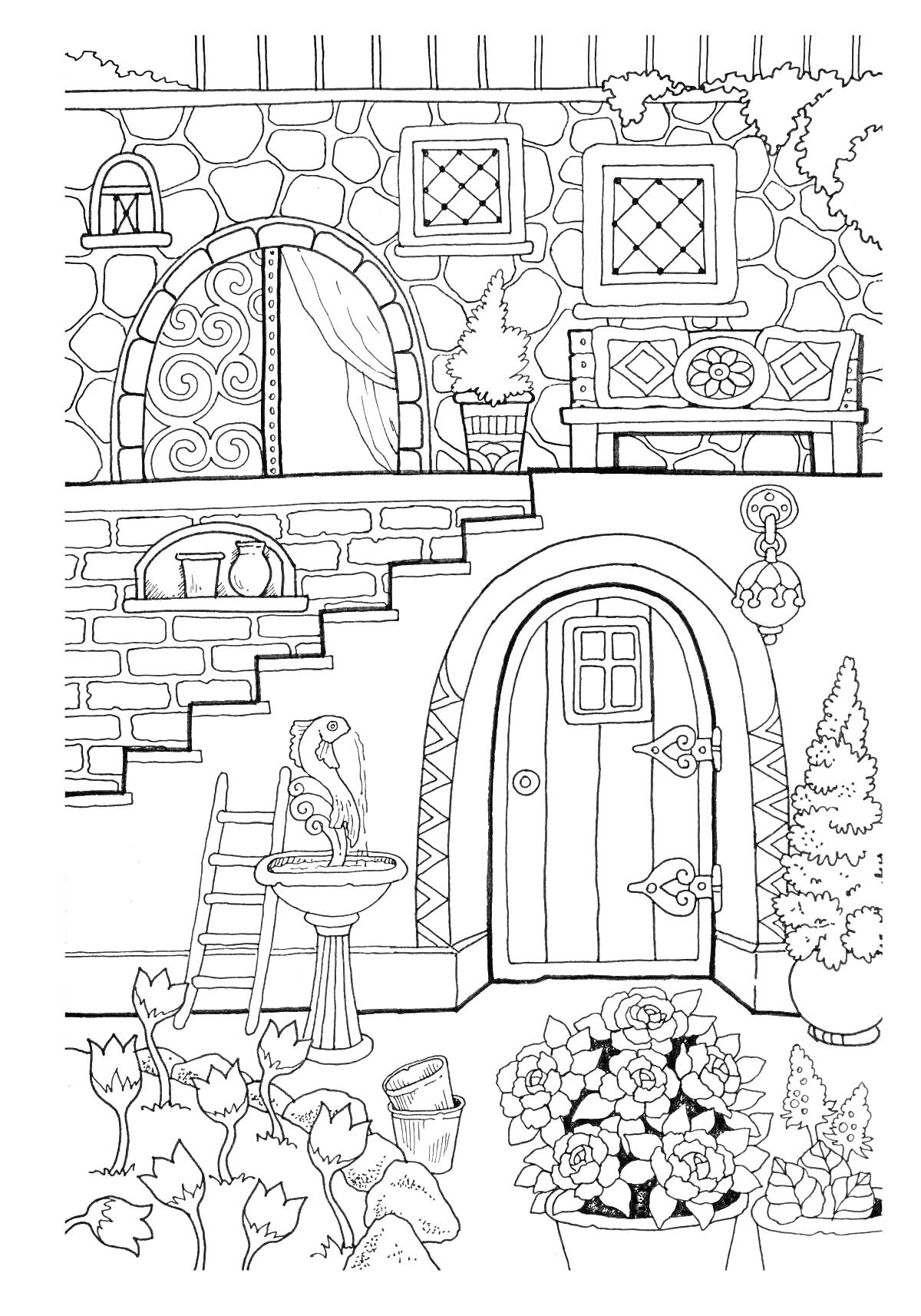 На раскраске изображено: Дом, Лестница, Дверь, Каменная стена, Занавески, Клумба, Фонтан, Кот, Цветок в горшке