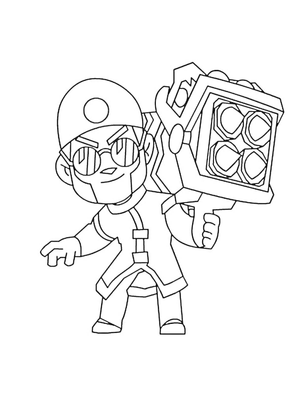 Раскраска Боец в шлеме с очками, держащий большое оружие с четырьмя линзами из игры Brawl Stars (Честер)