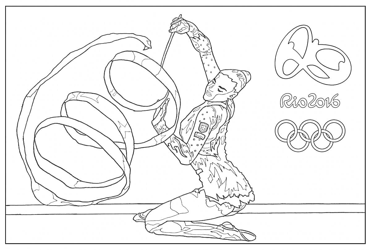 На раскраске изображено: Олимпийские игры, Рио 2016, Гимнастка, Художественная гимнастика, Лента, Спорт, Символика