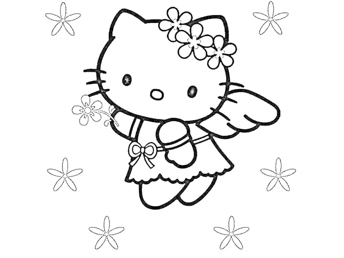 Раскраска Кошка с бантом и крыльями, держащая цветок, окруженная цветами