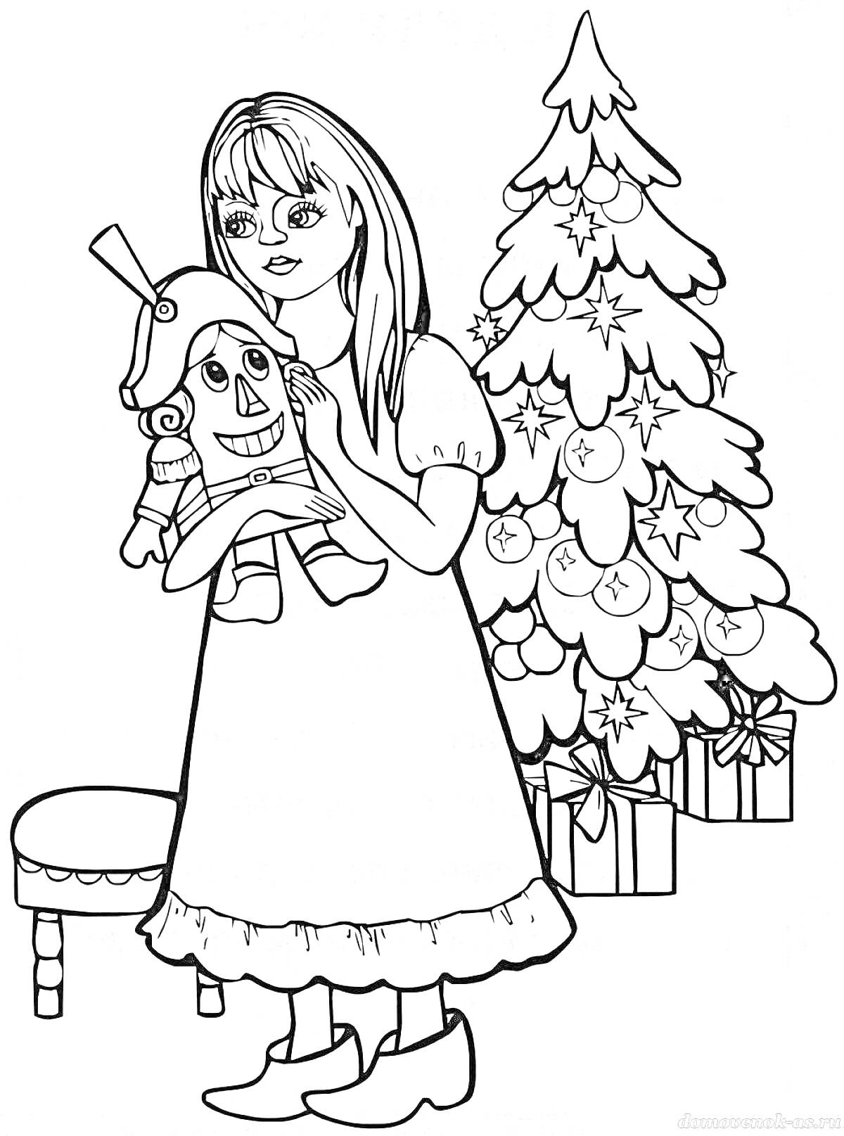 Девочка с Щелкунчиком у новогодней елки