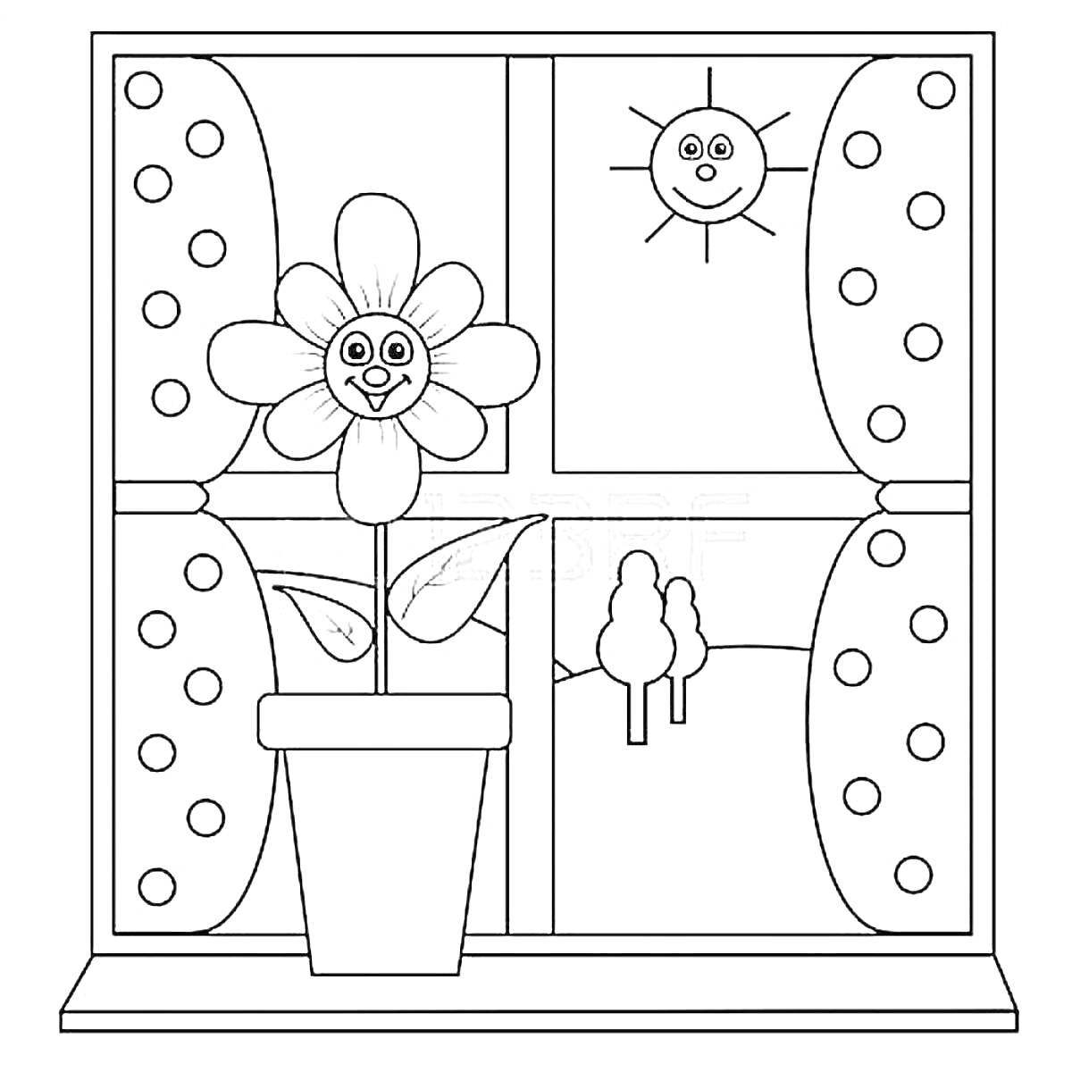 Раскраска Окно с цветком, деревьями и солнцем