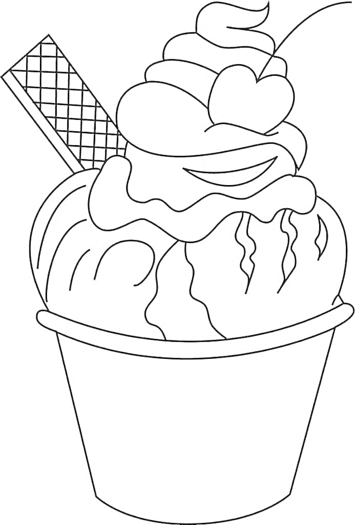 Раскраска Мороженое в стаканчике с вафелькой, взбитыми сливками и вишенкой