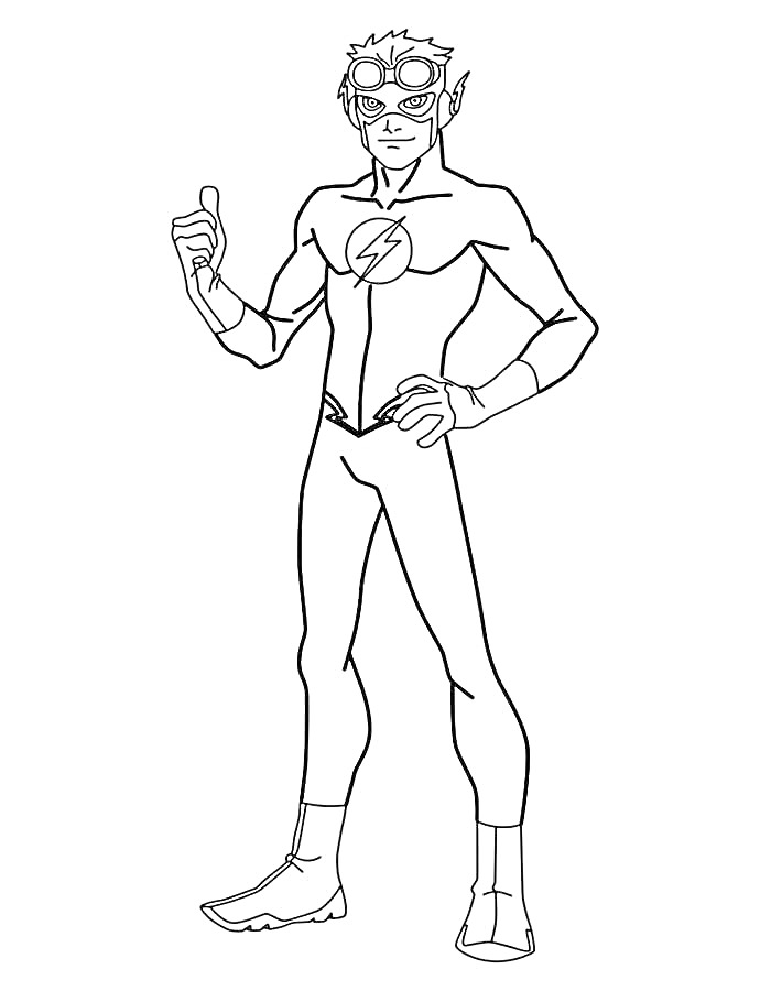 Раскраска Супергерой в костюме с молнией и очками, стоящий в позе с поднятым большим пальцем
