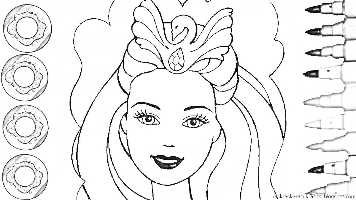 Раскраска изображение девушки с макияжем и украшением в виде лебедя на голове, рядом с разноцветными фломастерами и круглыми палитрами
