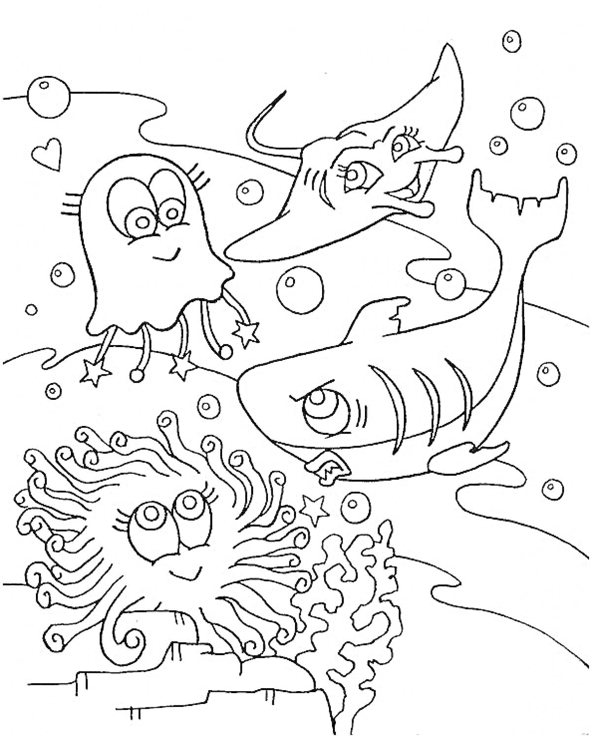 Раскраска Медуза, скат, акула и морское дно с кораллами и пузырями