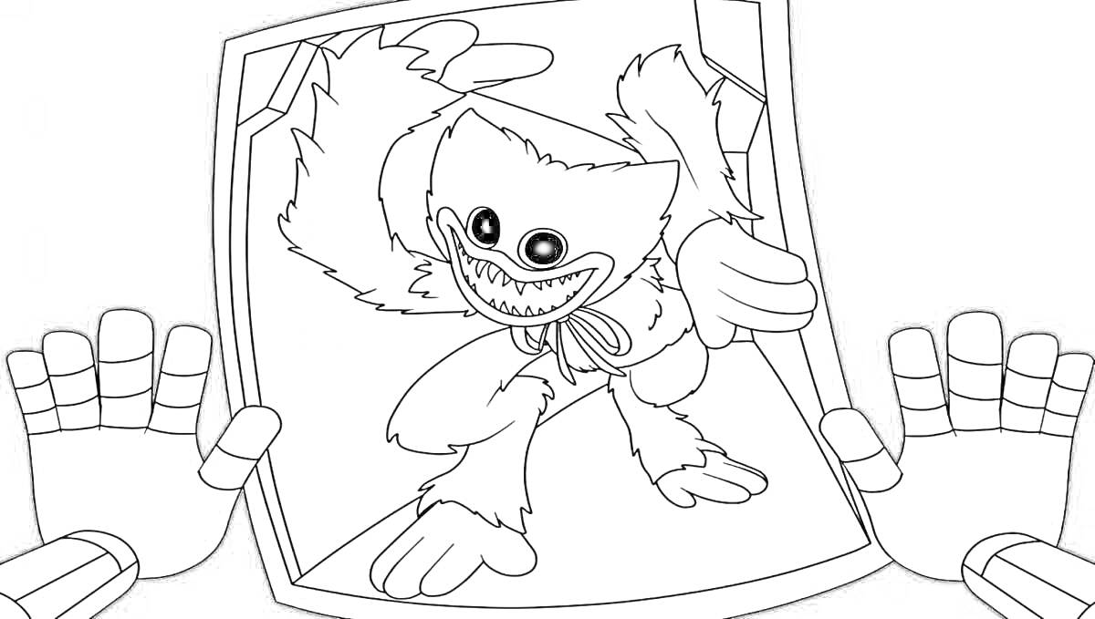 Раскраска Игрок из Poppy Playtime смотрит на постер с Хагги Вагги