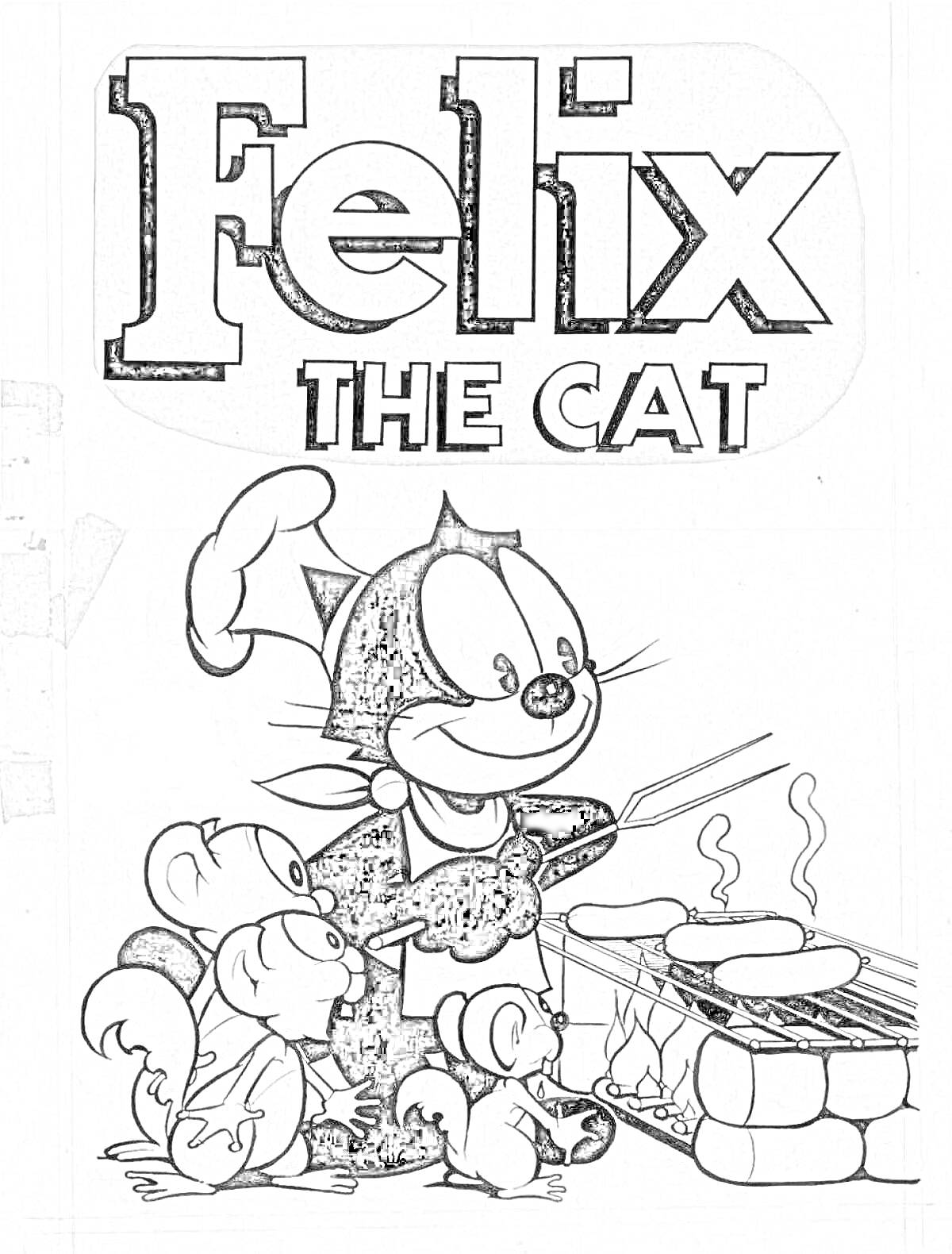 На раскраске изображено: Феликс, Кот, Гриль, Еда, Приготовление пищи