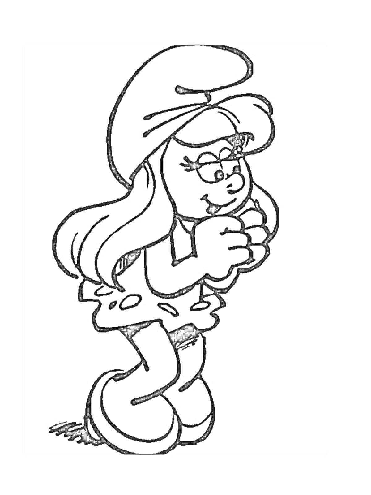 На раскраске изображено: Шляпа, Платье, Ботинки, Волосы