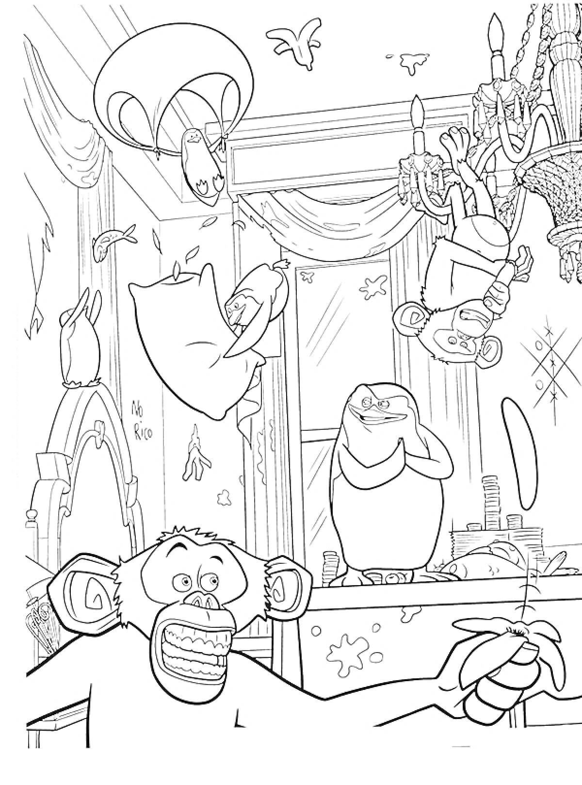 Пингвины и обезьяны в комнате с люстрой