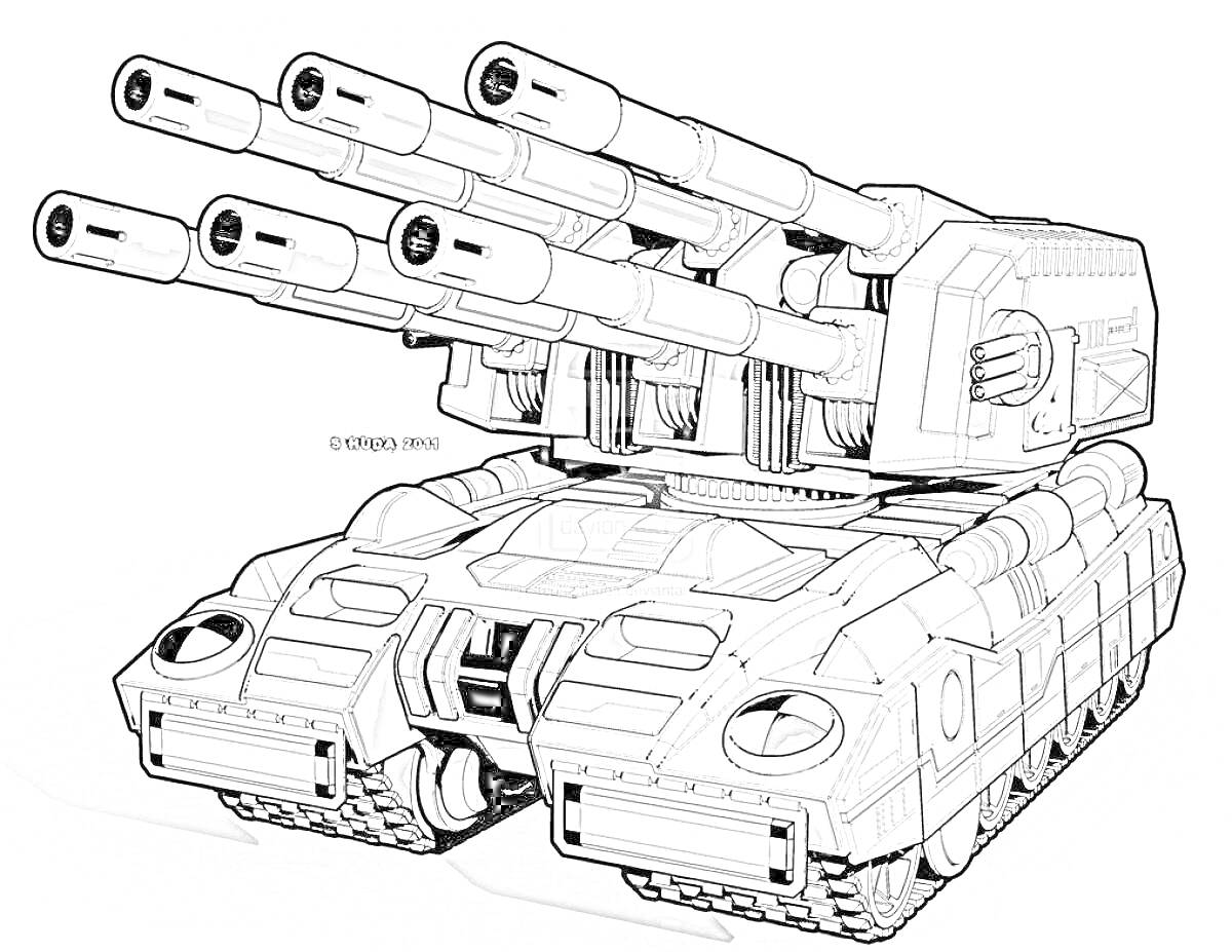 Раскраска Танк «Терминатор» с четырьмя пушками и гусеничным шасси