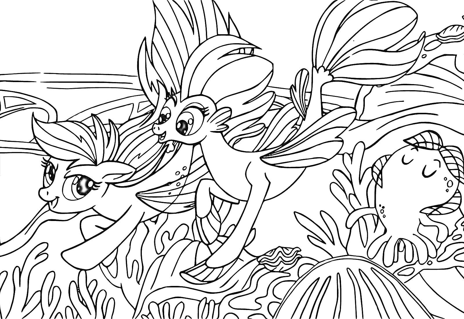Раскраска Пони в подводном мире с осьминогом и растительностью