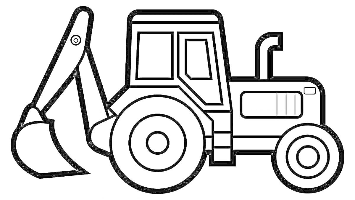 На раскраске изображено: Трактор, Экскаватор, Ковш, Транспорт, Сельскохозяйственная техника, Для детей