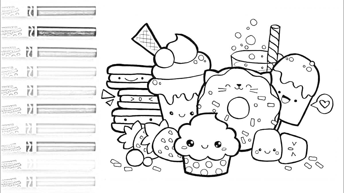 Раскраска Десерты с выражениями лиц (мороженое в стакане, пончик, кексы, печенье, макаруны, кубики сахара, клубника)