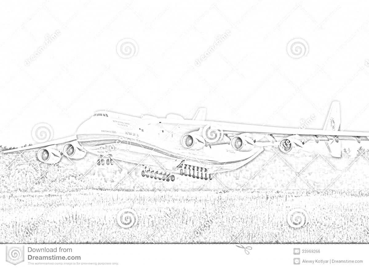 На раскраске изображено: Мрия, Ан-225, Взлет, Авиация, Поле, Деревья, Небо, Транспорт, Техника