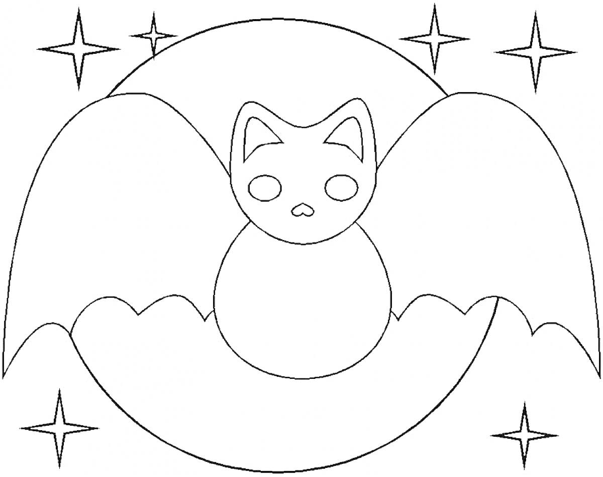 На раскраске изображено: Летучая мышь, Крылья, Луна, Звезды, Ночь, Животные