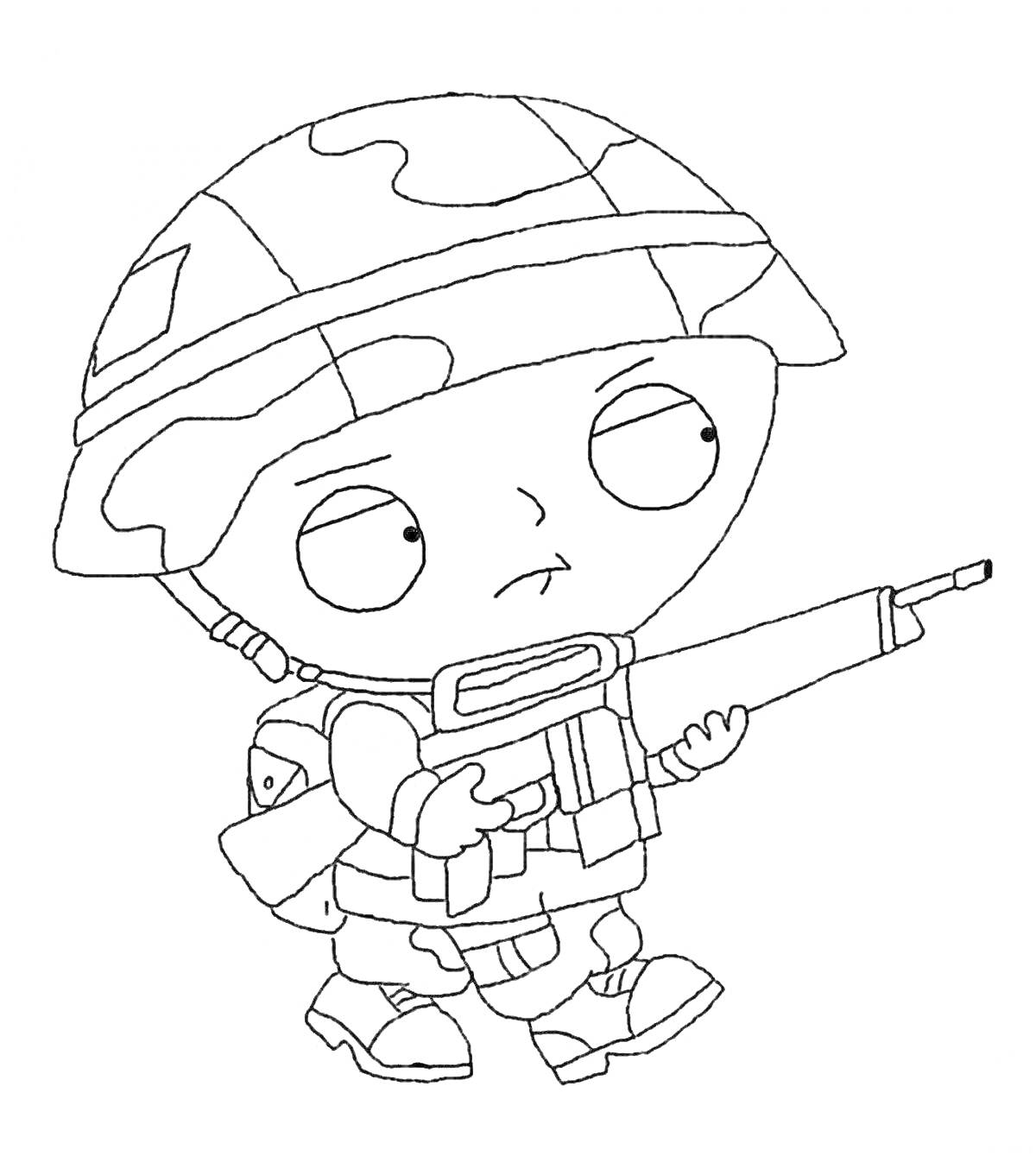 Раскраска Маленький солдат с оружием, рюкзаком и каской