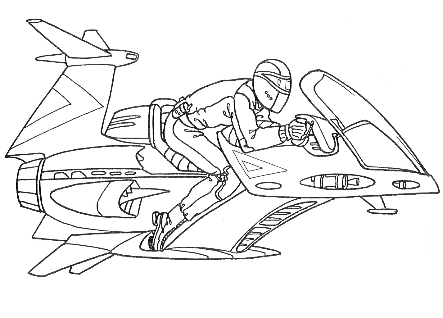 Раскраска Мотоциклист на футуристическом мотоцикле с крыльями