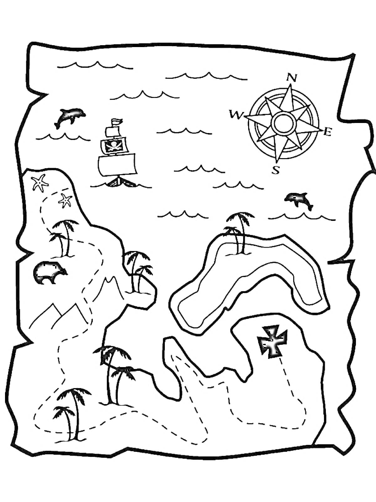Раскраска Карта сокровищ с кораблем, компасом, медведем, пальмами, океаном, звездой, крестом