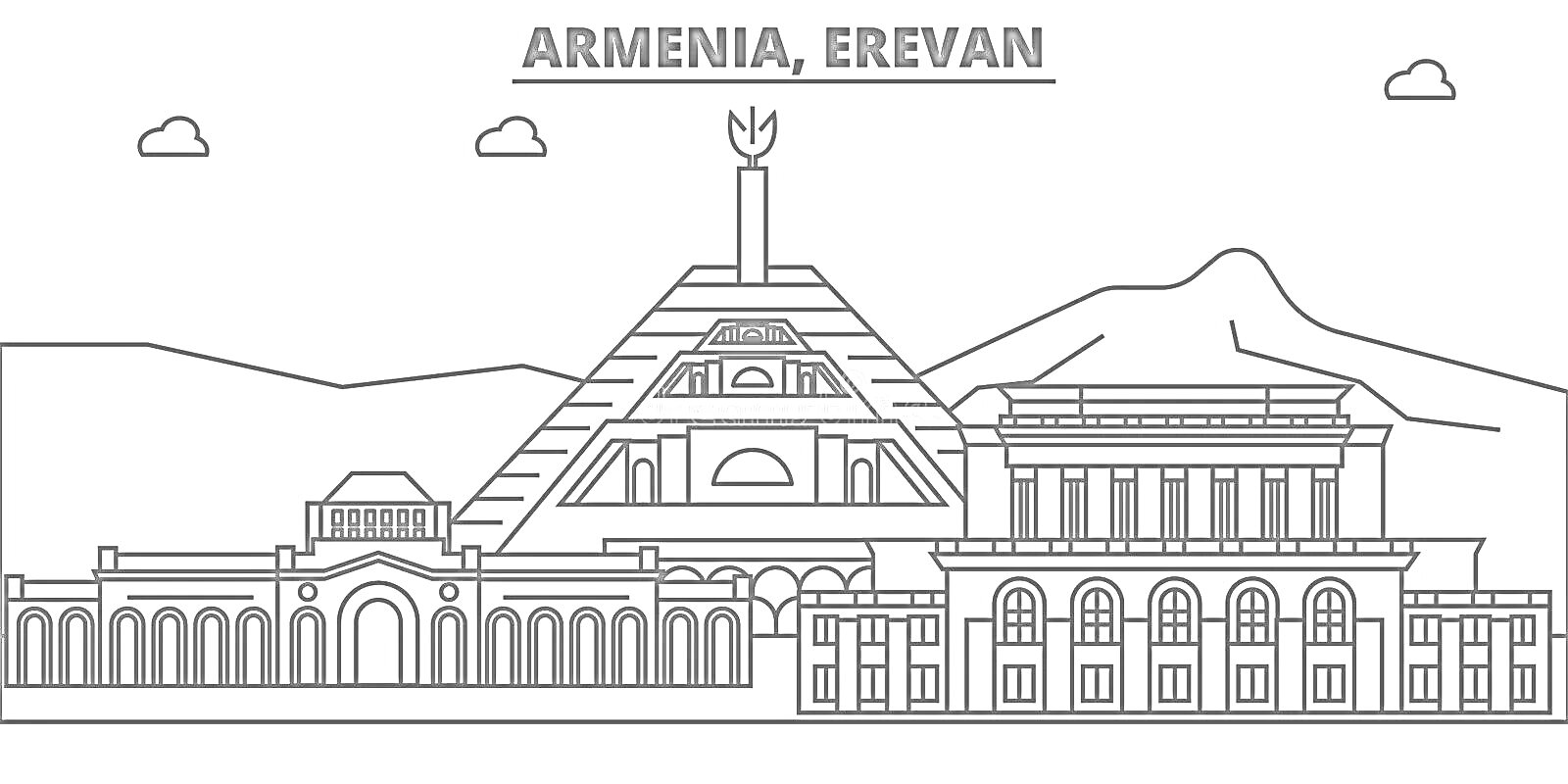 На раскраске изображено: Армения, Архитектура, Горы, Облака, Здание, Памятники