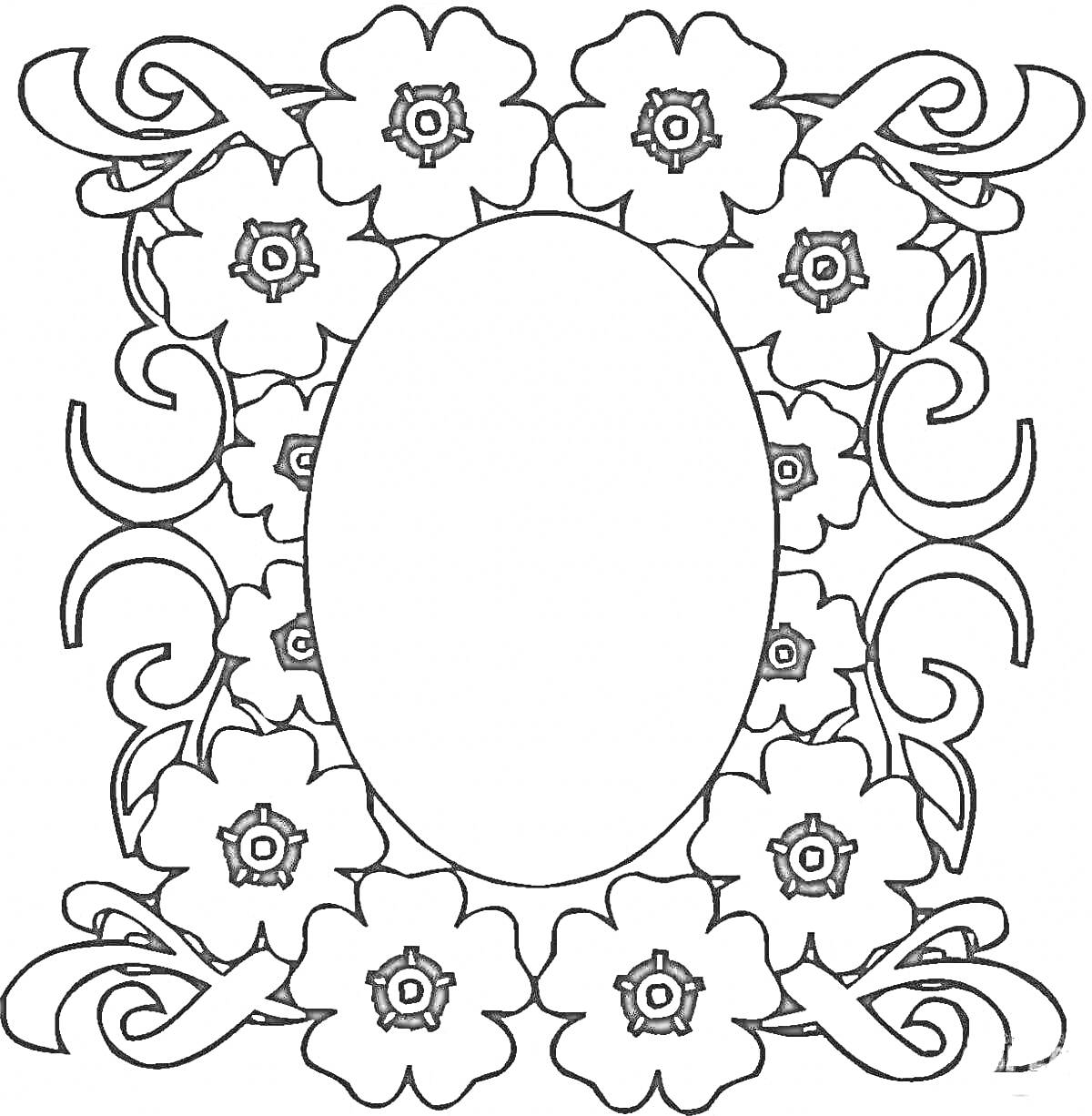 Раскраска Рамка с цветами и завитками