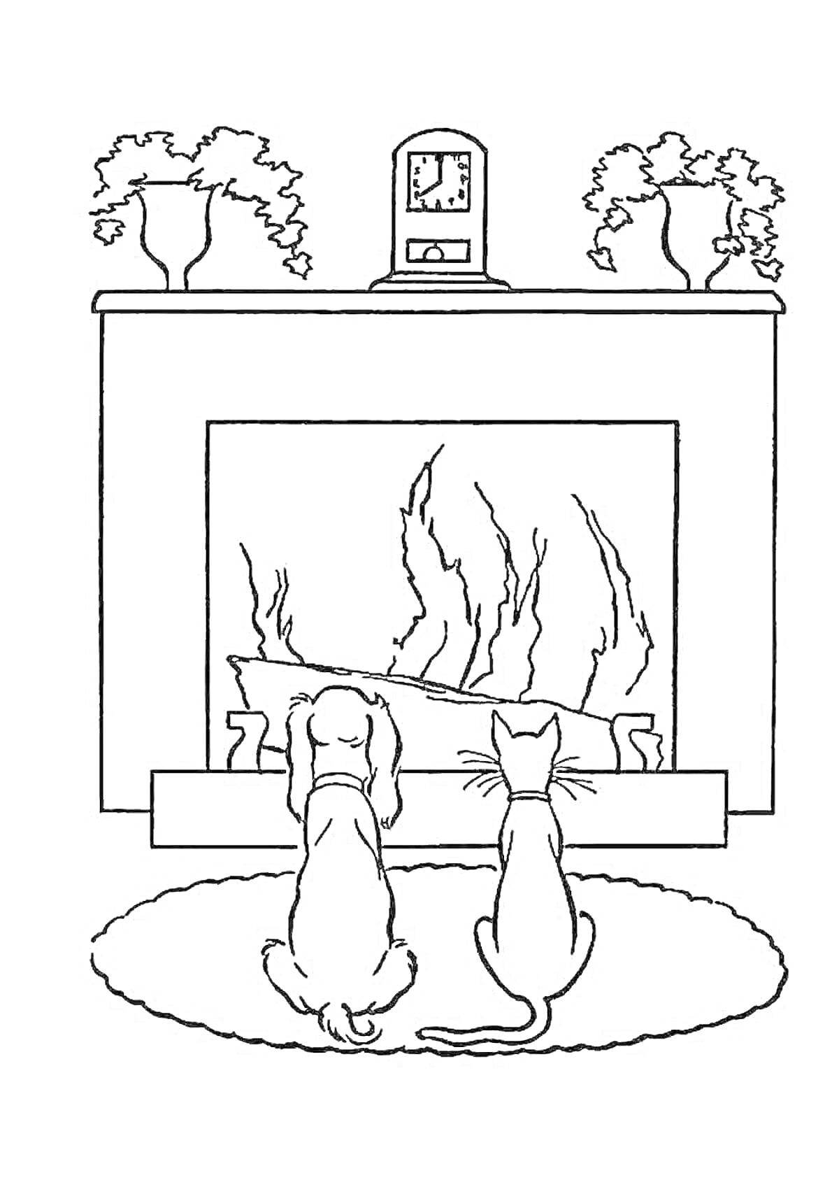 Раскраска Кот и собака у камина с огнем, вазы с цветами, настольные часы