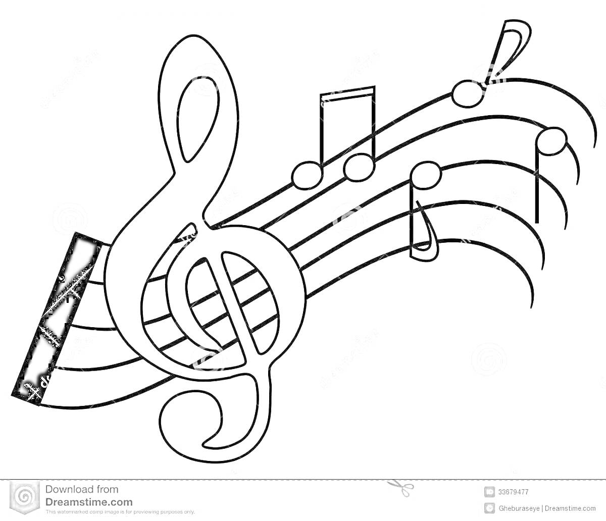 На раскраске изображено: Скрипичный ключ, Нотный стан, Ноты, Музыка, Для детей, Музыкальные символы