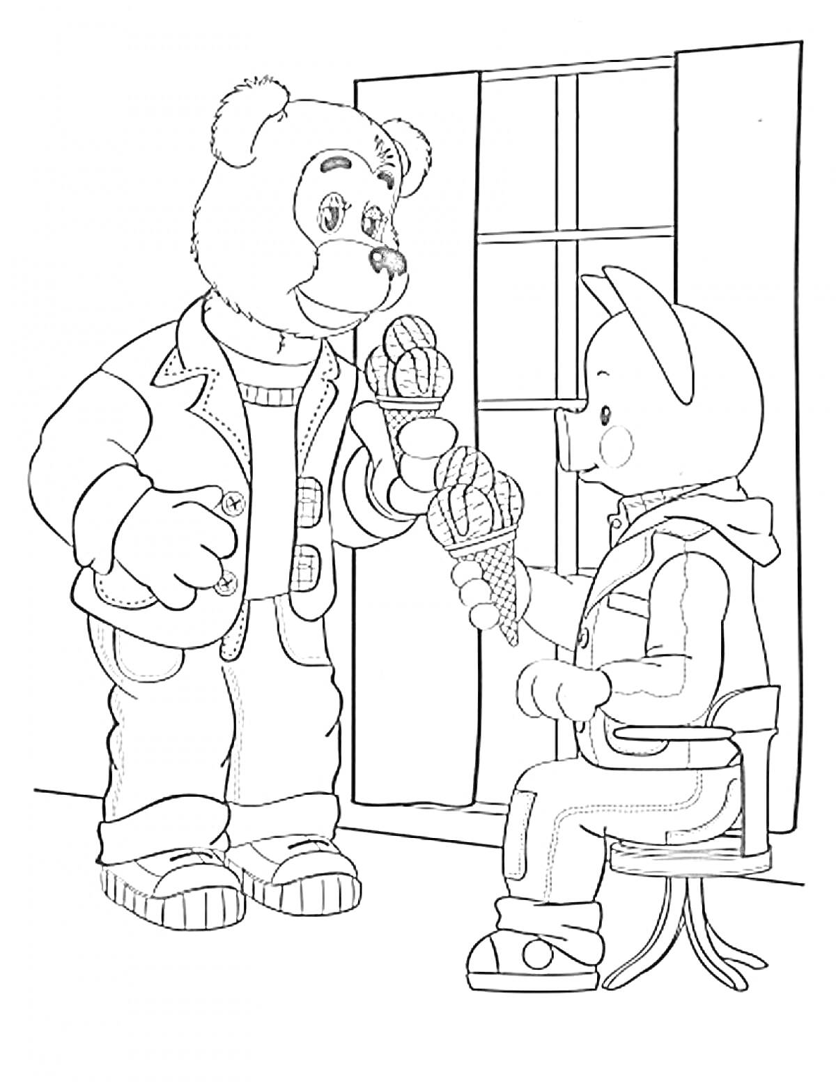Раскраска Медведь и мальчик в шапочке с рожками, держащие мороженое двумя вафельными рожками, стоящие возле окна