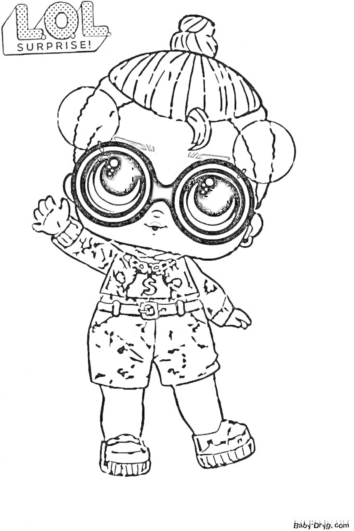 Раскраска Кукла LOL Surprise мальчик с большими очками, причёской в пучок, в шортах и футболке с узорами, поднимает руку