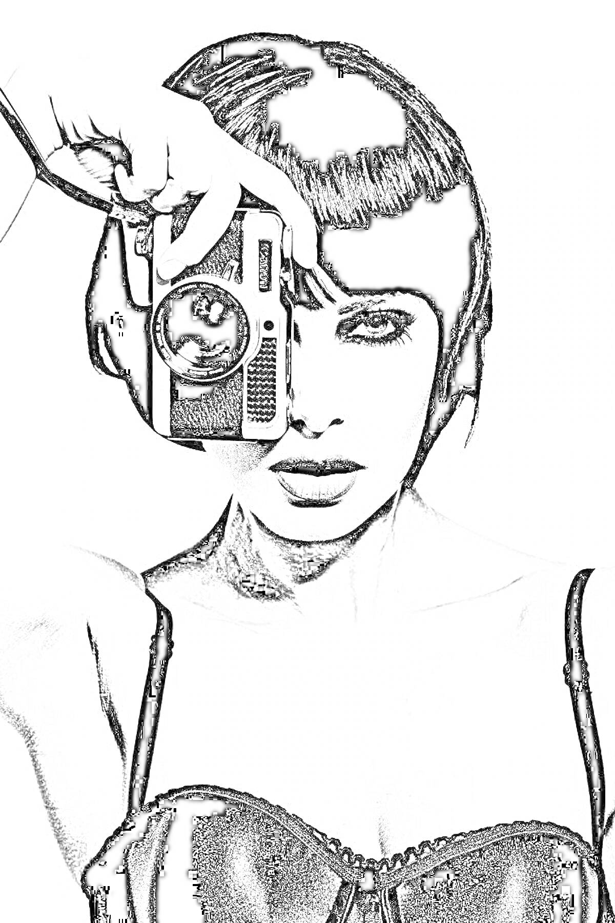 Раскраска Женщина с короткими волосами и фотокамерой в руках, позирующая в бюстгальтере
